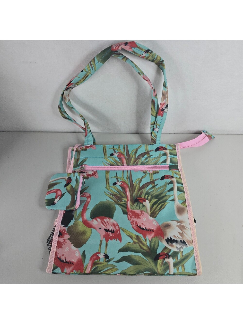Vintage Flamingo Print Teal & Pink Beachy Tote Bag